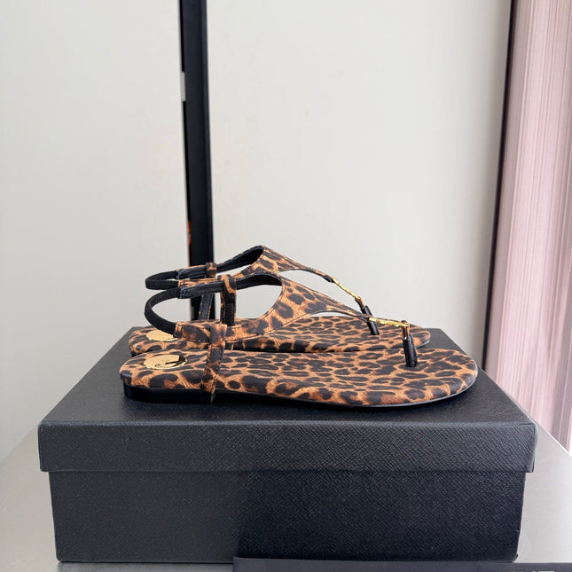 YSL 26S THONG SANDALS IN LEOPARD-PRINT CANVAS WITH GOLD HARDWARE