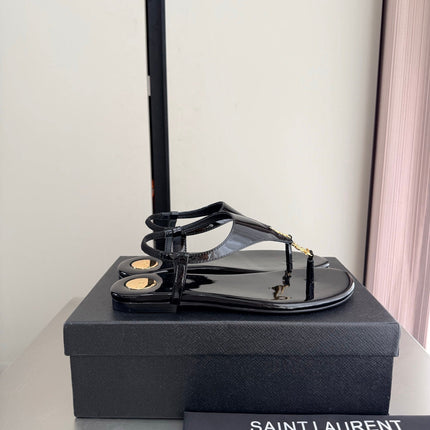YSL 26S THONG SANDALS IN BLACK GLOSSY CALFSKIN WITH GOLD HARDWARE