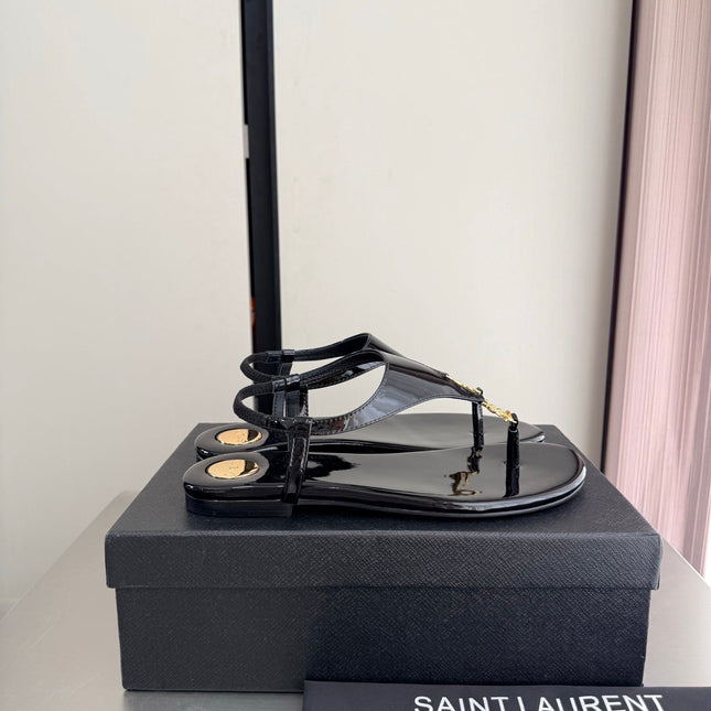 YSL 26S THONG SANDALS IN BLACK GLOSSY CALFSKIN WITH GOLD HARDWARE