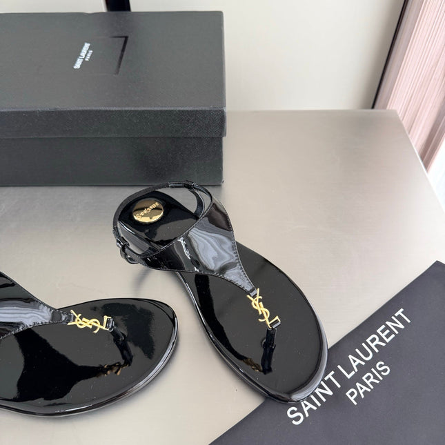 YSL 26S THONG SANDALS IN BLACK GLOSSY CALFSKIN WITH GOLD HARDWARE