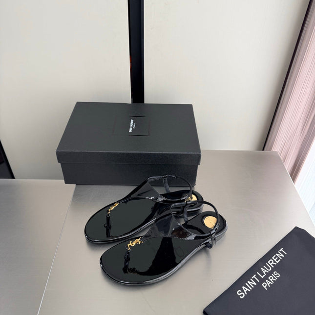YSL 26S THONG SANDALS IN BLACK GLOSSY CALFSKIN WITH GOLD HARDWARE