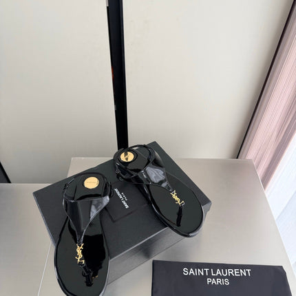 YSL 26S THONG SANDALS IN BLACK GLOSSY CALFSKIN WITH GOLD HARDWARE
