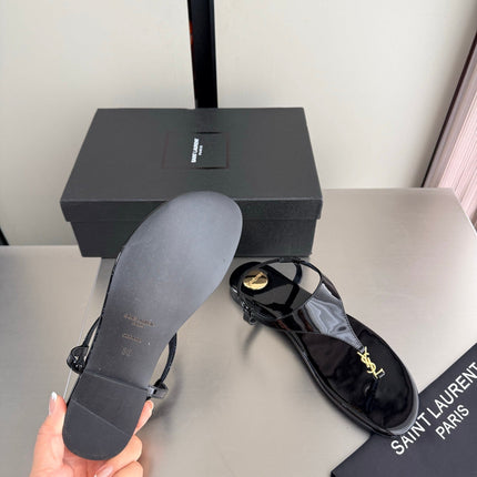 YSL 26S THONG SANDALS IN BLACK GLOSSY CALFSKIN WITH GOLD HARDWARE