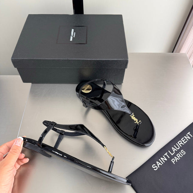 YSL 26S THONG SANDALS IN BLACK GLOSSY CALFSKIN WITH GOLD HARDWARE