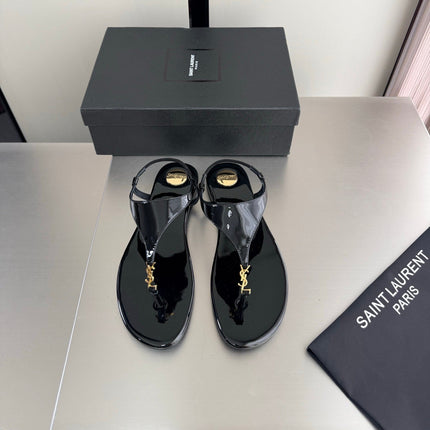 YSL 26S THONG SANDALS IN BLACK GLOSSY CALFSKIN WITH GOLD HARDWARE