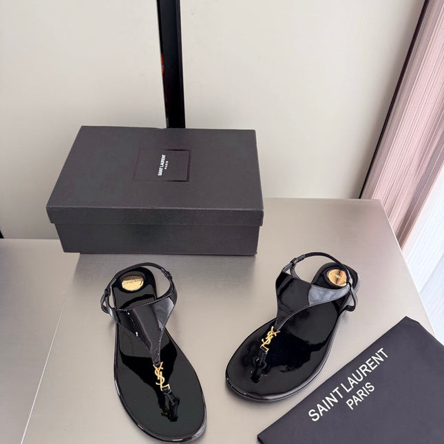 YSL 26S THONG SANDALS IN BLACK GLOSSY CALFSKIN WITH GOLD HARDWARE