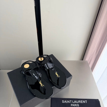 YSL 26S THONG SANDALS IN BLACK GLOSSY CALFSKIN WITH GOLD HARDWARE