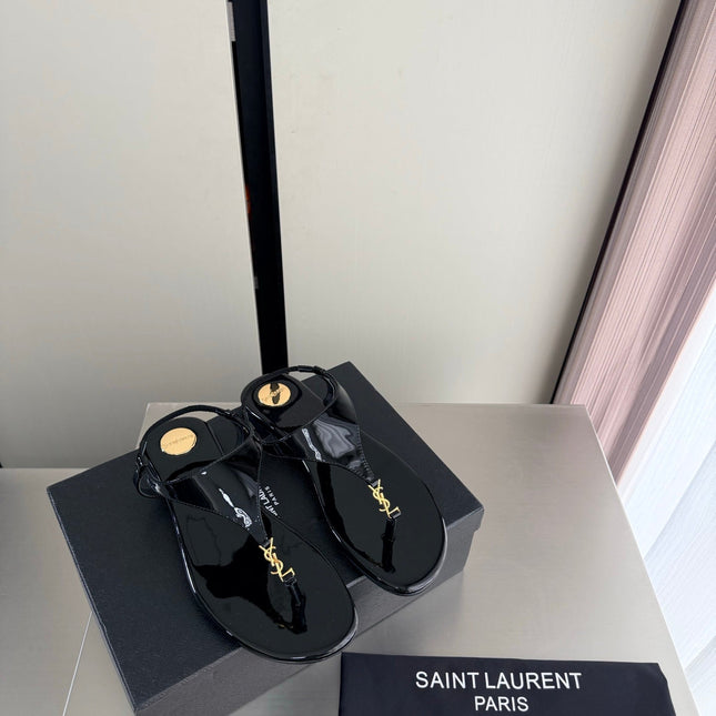 YSL 26S THONG SANDALS IN BLACK GLOSSY CALFSKIN WITH GOLD HARDWARE
