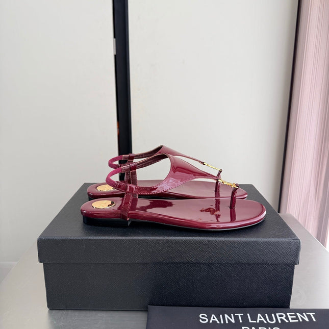 YSL 26S THONG SANDALS IN DARK RED GLOSSY CALFSKIN WITH GOLD HARDWARE