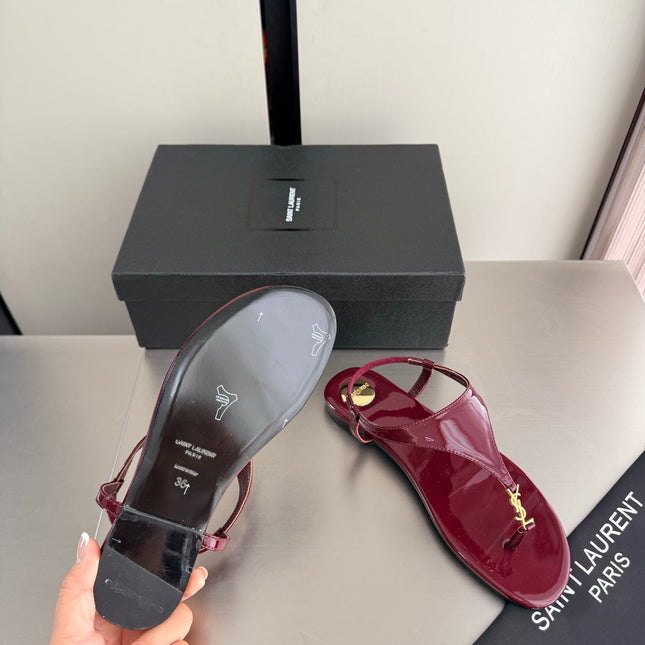YSL 26S THONG SANDALS IN DARK RED GLOSSY CALFSKIN WITH GOLD HARDWARE