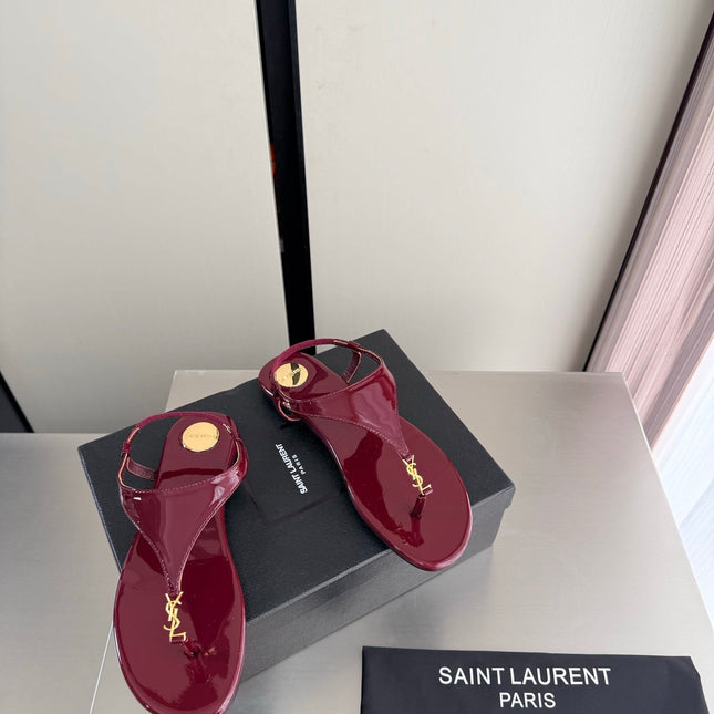 YSL 26S THONG SANDALS IN DARK RED GLOSSY CALFSKIN WITH GOLD HARDWARE