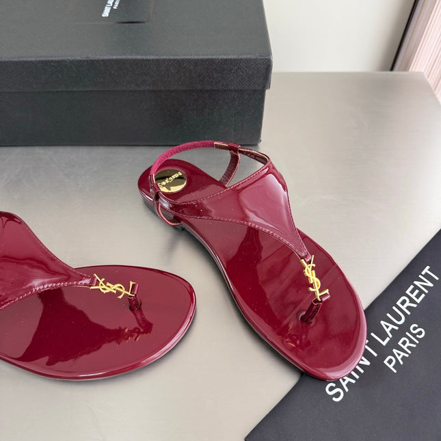 YSL 26S THONG SANDALS IN DARK RED GLOSSY CALFSKIN WITH GOLD HARDWARE