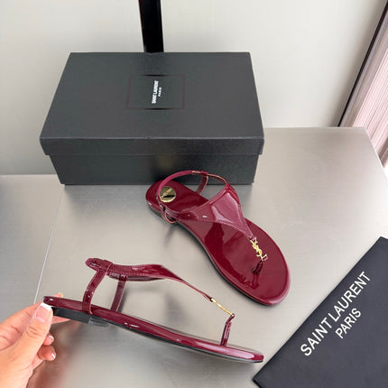 YSL 26S THONG SANDALS IN DARK RED GLOSSY CALFSKIN WITH GOLD HARDWARE