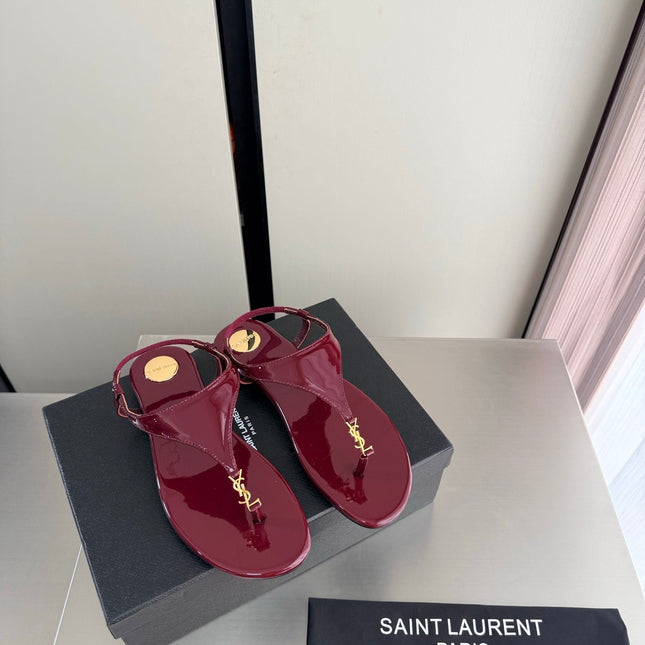 YSL 26S THONG SANDALS IN DARK RED GLOSSY CALFSKIN WITH GOLD HARDWARE