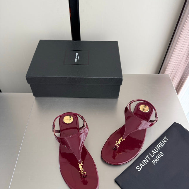 YSL 26S THONG SANDALS IN DARK RED GLOSSY CALFSKIN WITH GOLD HARDWARE