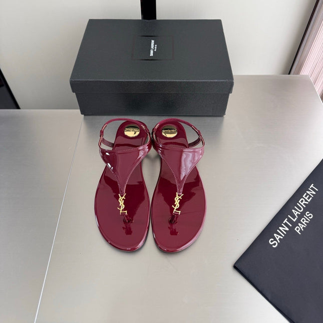 YSL 26S THONG SANDALS IN DARK RED GLOSSY CALFSKIN WITH GOLD HARDWARE