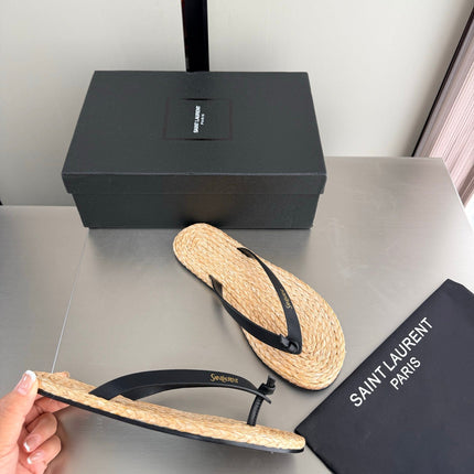 YSL 26S THONG SANDALS IN BEIGE RAFFIA  AND BLACK CALFSKIN