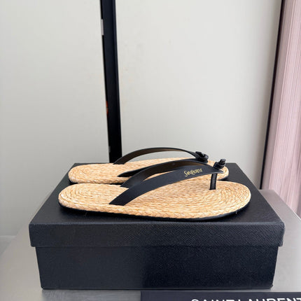 YSL 26S THONG SANDALS IN BEIGE RAFFIA  AND BLACK CALFSKIN