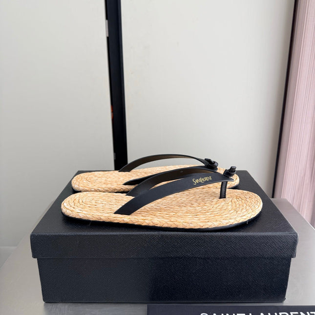 YSL 26S THONG SANDALS IN BEIGE RAFFIA  AND BLACK CALFSKIN
