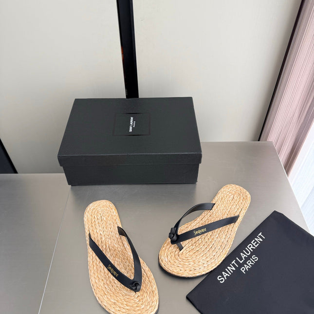 YSL 26S THONG SANDALS IN BEIGE RAFFIA  AND BLACK CALFSKIN