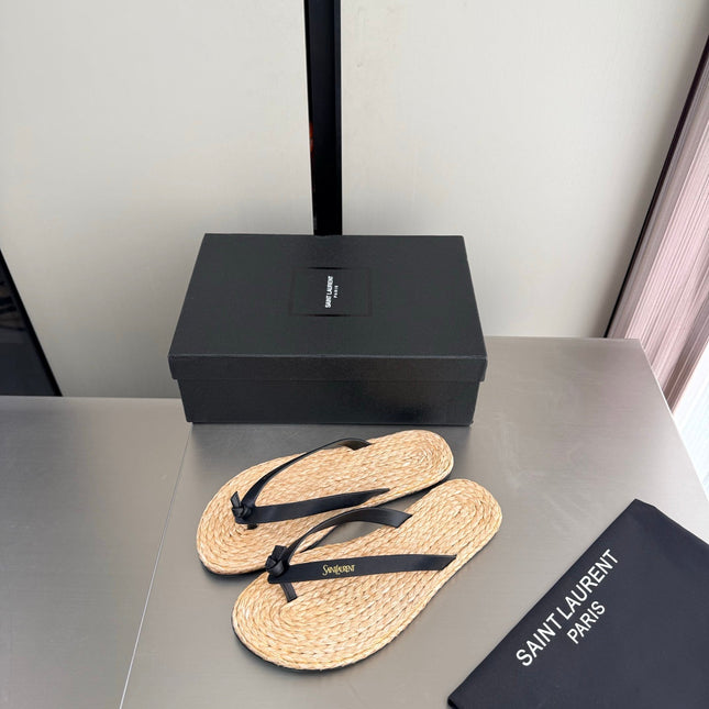 YSL 26S THONG SANDALS IN BEIGE RAFFIA  AND BLACK CALFSKIN