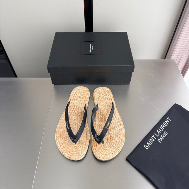 YSL 26S THONG SANDALS IN BEIGE RAFFIA  AND BLACK CALFSKIN