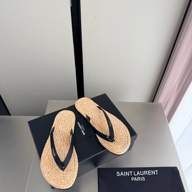 YSL 26S THONG SANDALS IN BEIGE RAFFIA  AND BLACK CALFSKIN