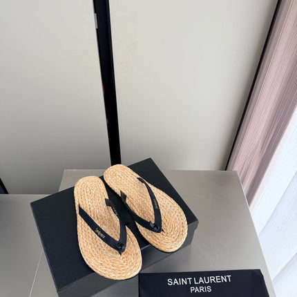 YSL 26S THONG SANDALS IN BEIGE RAFFIA  AND BLACK CALFSKIN