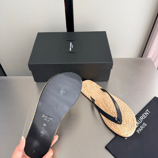YSL 26S THONG SANDALS IN BEIGE RAFFIA  AND BLACK CALFSKIN