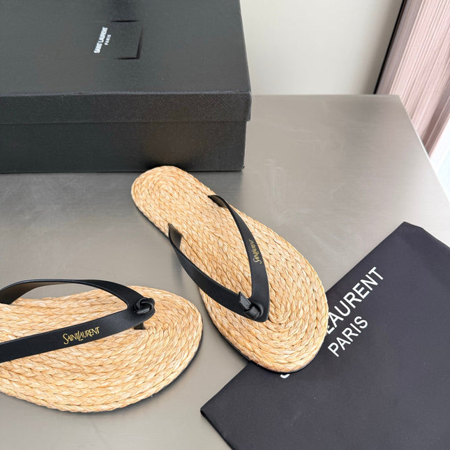 YSL 26S THONG SANDALS IN BEIGE RAFFIA  AND BLACK CALFSKIN