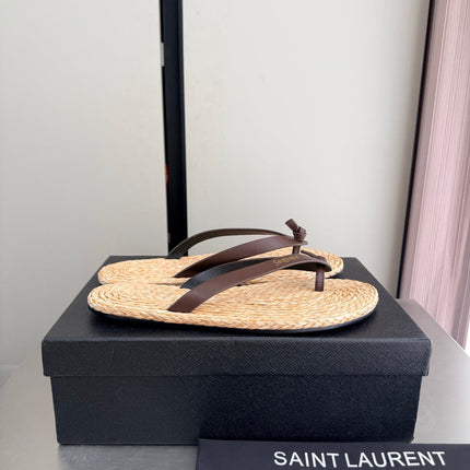 YSL 26S THONG SANDALS IN BEIGE RAFFIA  AND DARK BROWN CALFSKIN