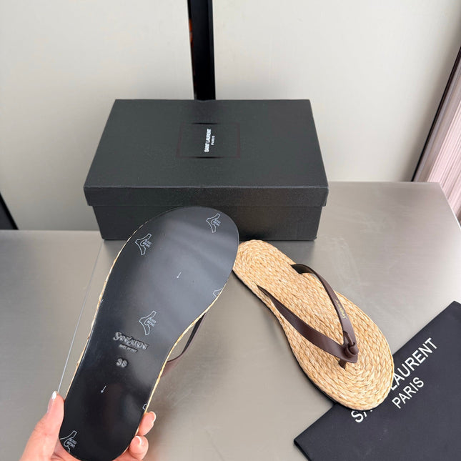 YSL 26S THONG SANDALS IN BEIGE RAFFIA  AND DARK BROWN CALFSKIN