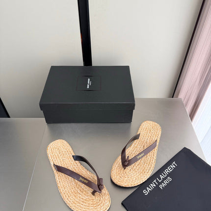 YSL 26S THONG SANDALS IN BEIGE RAFFIA  AND DARK BROWN CALFSKIN