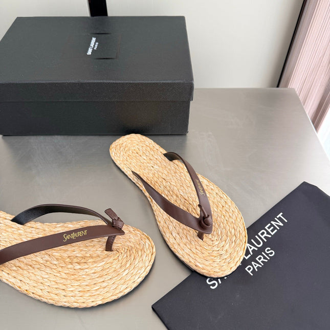 YSL 26S THONG SANDALS IN BEIGE RAFFIA  AND DARK BROWN CALFSKIN