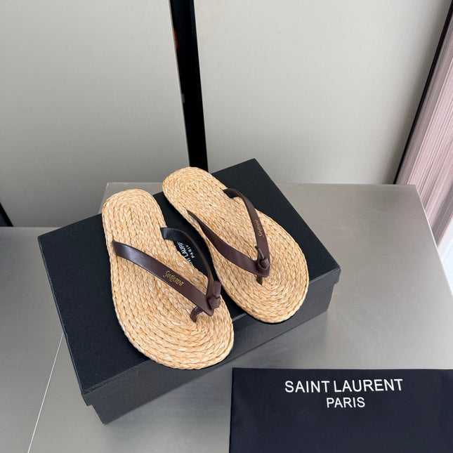 YSL 26S THONG SANDALS IN BEIGE RAFFIA  AND DARK BROWN CALFSKIN