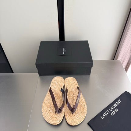 YSL 26S THONG SANDALS IN BEIGE RAFFIA  AND DARK BROWN CALFSKIN