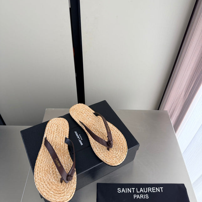 YSL 26S THONG SANDALS IN BEIGE RAFFIA  AND DARK BROWN CALFSKIN