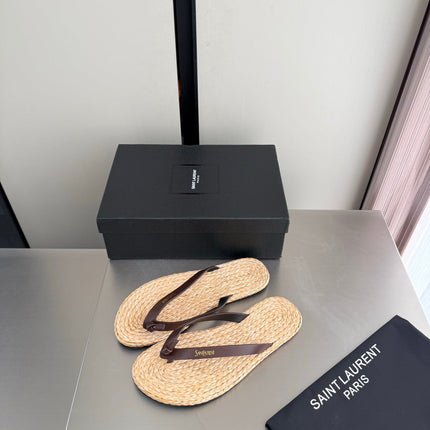 YSL 26S THONG SANDALS IN BEIGE RAFFIA  AND DARK BROWN CALFSKIN