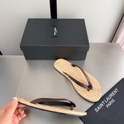 YSL 26S THONG SANDALS IN BEIGE RAFFIA  AND DARK BROWN CALFSKIN