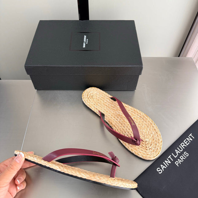YSL 26S THONG SANDALS IN BEIGE RAFFIA  AND DARK RED CALFSKIN