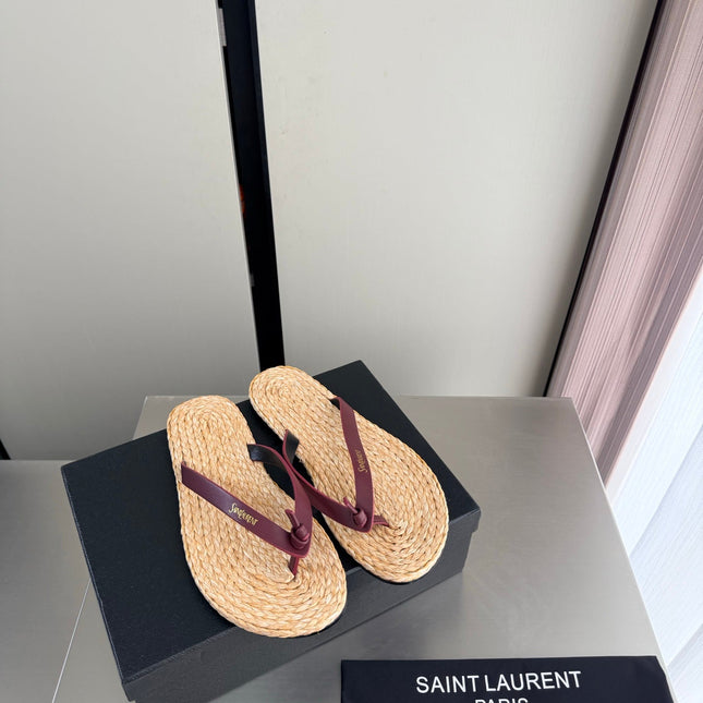 YSL 26S THONG SANDALS IN BEIGE RAFFIA  AND DARK RED CALFSKIN