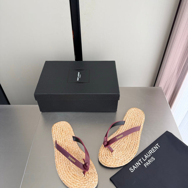 YSL 26S THONG SANDALS IN BEIGE RAFFIA  AND DARK RED CALFSKIN