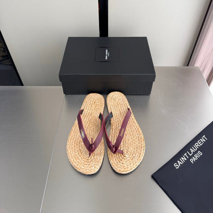 YSL 26S THONG SANDALS IN BEIGE RAFFIA  AND DARK RED CALFSKIN