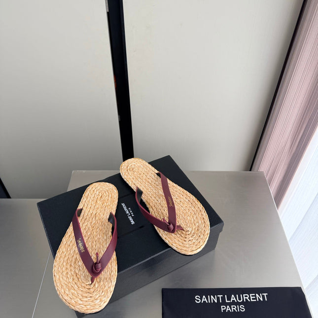 YSL 26S THONG SANDALS IN BEIGE RAFFIA  AND DARK RED CALFSKIN
