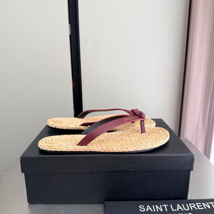 YSL 26S THONG SANDALS IN BEIGE RAFFIA  AND DARK RED CALFSKIN