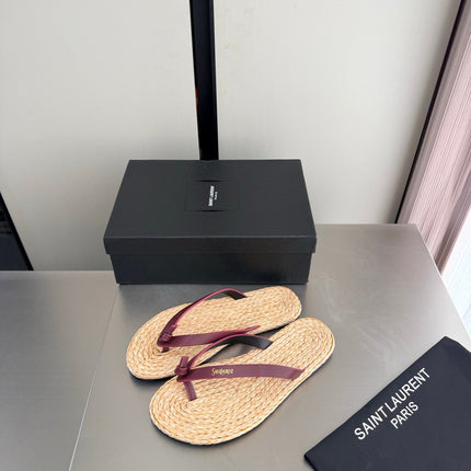 YSL 26S THONG SANDALS IN BEIGE RAFFIA  AND DARK RED CALFSKIN