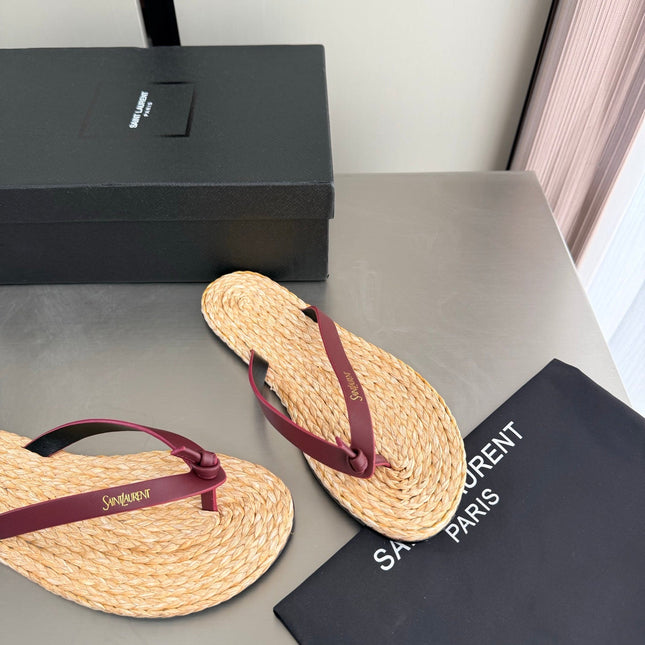YSL 26S THONG SANDALS IN BEIGE RAFFIA  AND DARK RED CALFSKIN
