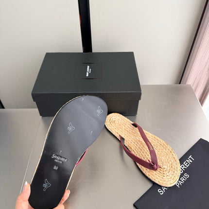 YSL 26S THONG SANDALS IN BEIGE RAFFIA  AND DARK RED CALFSKIN