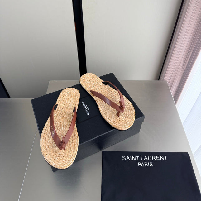 YSL 26S THONG SANDALS IN BEIGE RAFFIA AND BROWN CALFSKIN