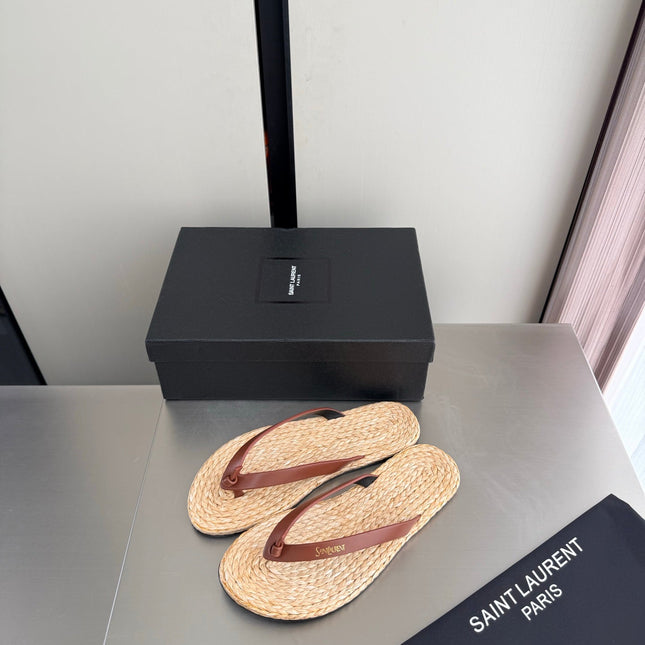 YSL 26S THONG SANDALS IN BEIGE RAFFIA AND BROWN CALFSKIN